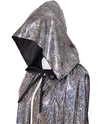 GRAJTCIN Womens Silver Cape with Hood Halloween Full Length Hooded Cloak Mens Snake Alien Costume Shiny Sequin 80s Party(43\", Silver)