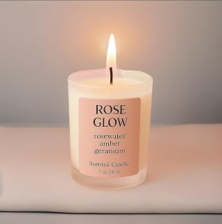 Rose Glow Scented Candle, Rosewater Amber Geranium Fragrance, Frosted Glass Jar, 5 oz, Floral Home Decor