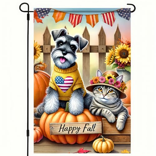 Image of BlissYard Happy Fall Schnauzer Dog and Cat Garden Flag 12x18 Inch Double Sided Fall Yard Banner with Puppy Pumpkin and Autumn Leaves for Thanksgiving Porch Patio Lawn Outdoor Decoration