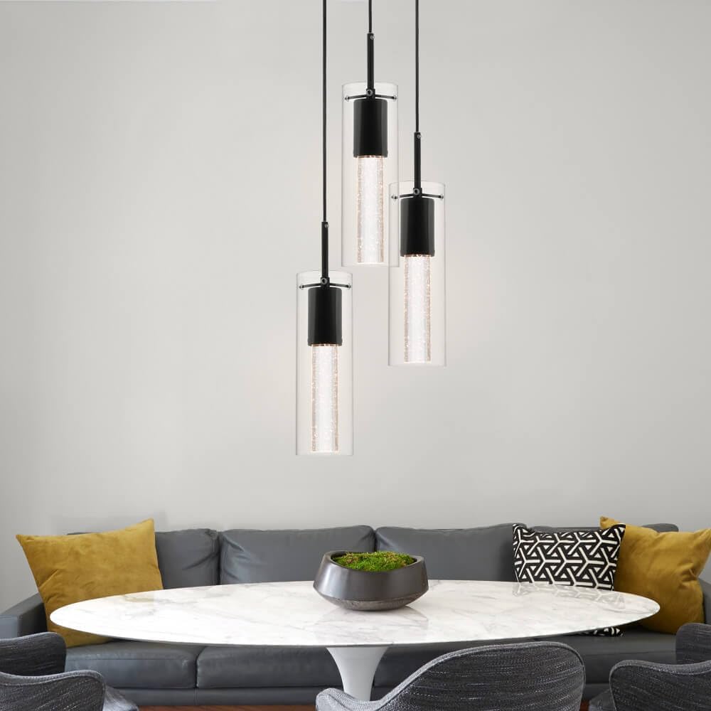 XiNBEi Lighting Pendant Light, Modern 3 Light Cluster Kitchen Island Pendant Lighting with LED Bulb & Bubble Crystal, Matte Black Finish XB-P1110-3-MB