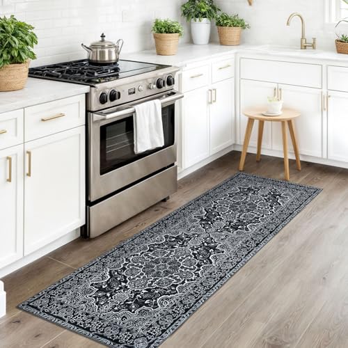 KUTA Runners for Hallways 2x6 Black, Vintage Floral Kitchen Rugs Non-Slip Washable Runner Soft Printed Retro Distressed Flower Entryway Carpet for Bedroom Laundry Nursery
