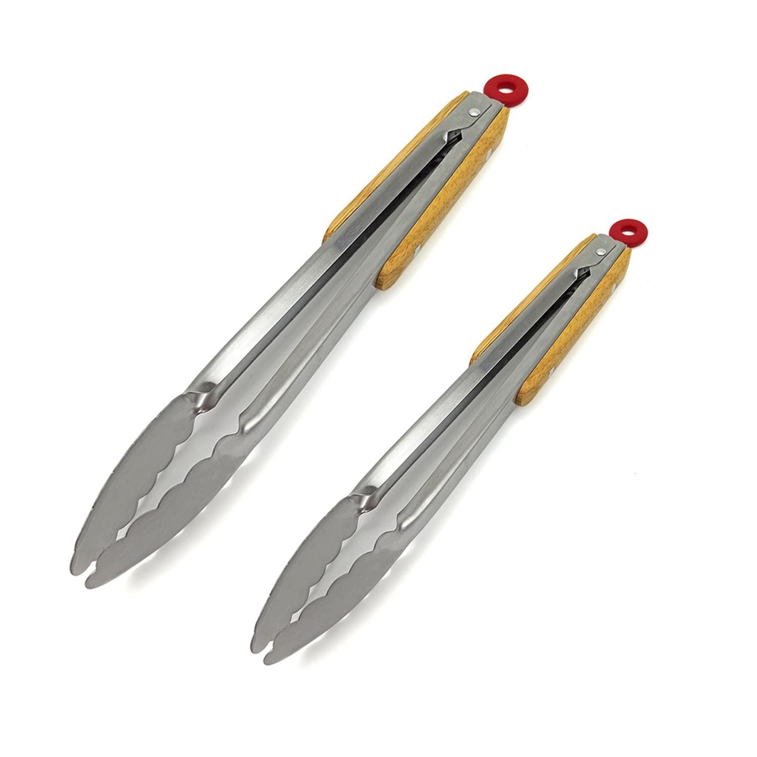 JIEOU 2 PCSStainless Steel BBQ Tongs，Heavy Duty， Non-Stick, Oak Wood Handle Kitchen Cooking Tongs ，for Grilling,Cooking