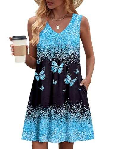 Image of Zeagoo Summer Dresses for Women 2026 Sleeveless Dress V Neck Tank Dress Pleated Floral Tshirt Sundresses with Pockets