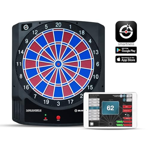 Carromco Elektronische Dartscheibe mit App - Turbo Charger 4.0 - Set: 6 Softdarts, 20 Ersatzspitzen, USB-Kabel, Wandmontage - smartes Dartboard mit Bluetooth, 2-Loch-Segmente, 45 x 51 x 4,2 cm