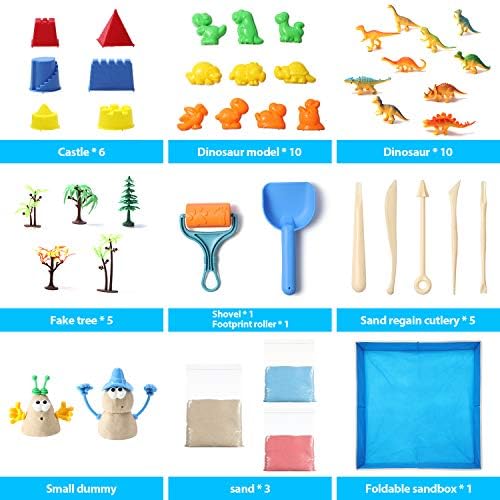 Play Sand: Theefun 46Pcs Sand Toys Set with 3lbs Colored Sand-Beach Sand,Foldable Cloth Sandbox, Castle Tools, Dinosaur Figures-Sand Art Kits for Toddlers Boys Girls Gifts 6 51TawN4SFZL. AC