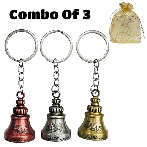 Image of Combo of 3 Guardian Bell Keychains | Protective Lucky Charms in Silver, Gold & Bronze | Zinc Alloy Bells for Motorcyclists, Travel & Everyday Carry | Set of 3 Guardian Bell