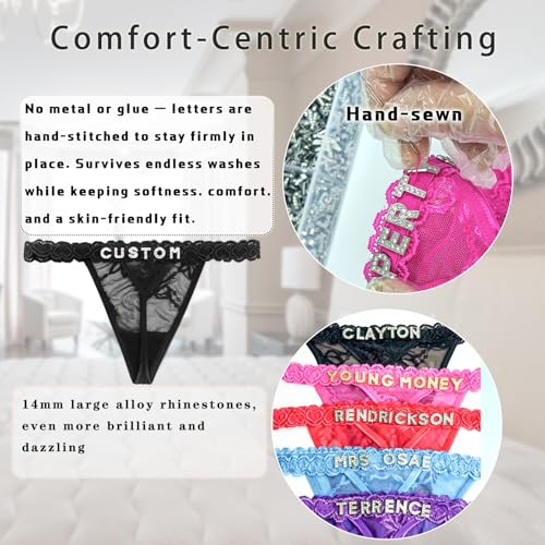 Women's Personalized Thongs with Funny Rhinestone Letters, Custom Name Underwear Panties for Couples2
