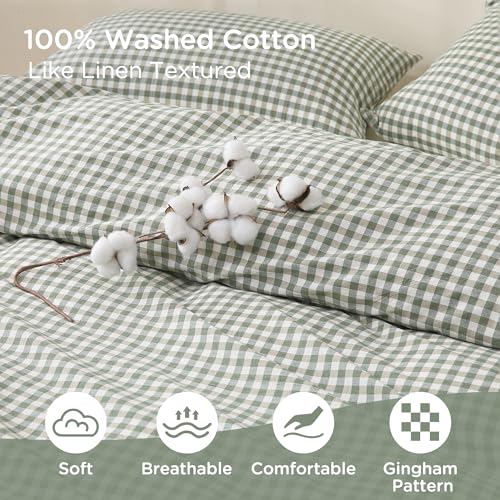 Image of TOCOMOA Green Gingham Duvet Cover Bedding Set 100% Washed Cotton Like Linen Feel Super Soft Comfortable 3 Piece Vintage Plaid Checkered Comforter Cover Set (Queen 90 inchx90 inch, Comforter Not Included)