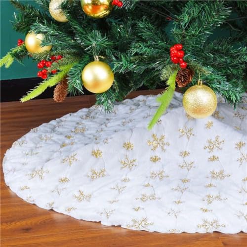 RongXuan Christmas Tree Skirt Plush Round Christmas Tree Blanket with Sequins Snowflake Christmas Tree Stand Carpet Tree Blanket 48 Inches Gold - Image 4