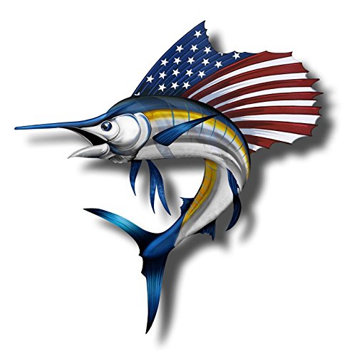Image of USA Marlin Fish Sticker Patriotic 3 Pieces Set, Salt Water Fish Sticker, Swordfish Decal, 3 Inches - Self Adhesive Vinyl, Weatherproof - for Car Bumper, Laptop, Tumbler, Helmet