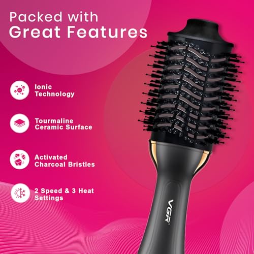 Image of VGR V-492 Professional Hot Air Brush with DC Motor, Ceramic Coating, Rotating Curler, 3 Temperature Settings, Fast Drying & Curling, Ideal for Women & Salon Use (1000W, Black)