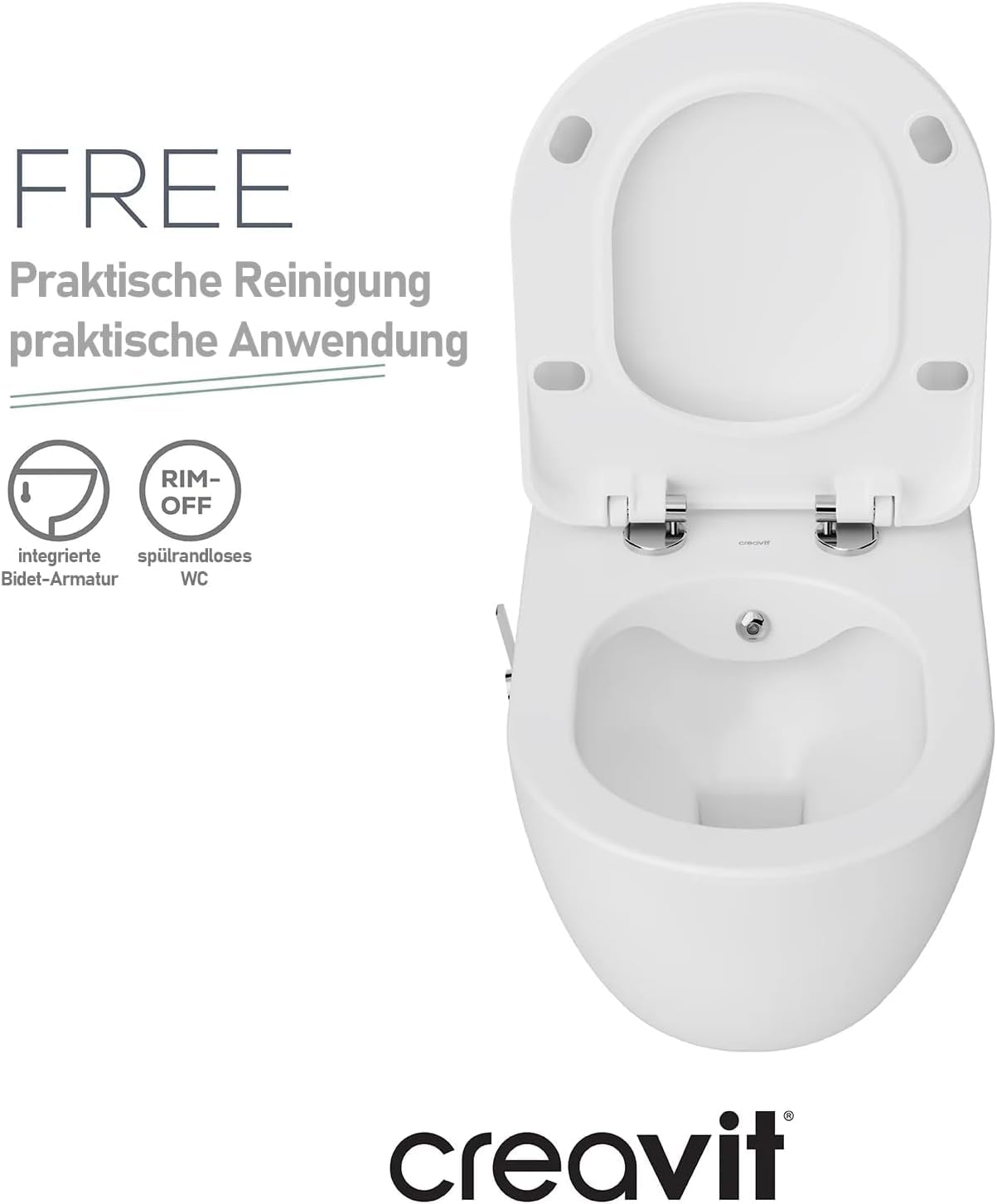 Creavit FREE Dusch WC Komplettanlage spülrandlos–Wandhängend Hänge WC/Taharet/Bidet mit Warm-/Kaltwasser oder ohne Bidet,Softclose Sitz, antibakterielle Keramik (mit Bidet+Armatur Kaltwasser)