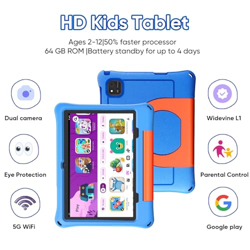 Image of aiprotablet 10 inch Kids Tablet, Android 16 Tablet for Kid, Octa-Core CPU, 24GB RAM, 64GB ROM 1TF Card Expandable for Toddler Children,Tablets with Case, Parental Control, 6000mAh,WiFi (Sky Blue)
