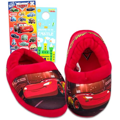 Disney Cars Slippers for Boys - Bundle with Plush Snuggle Toe Footlet Socks with Grips Age 18-24 Months Plus Stickers More | Lightning McQueen Slippers for Boys Size 5/6