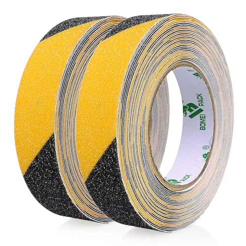 BOMEI PACK Strisce antiscivolo, 2 rotoli da 25 mm x 10 m, nero-giallo, nastro adesivo antiscivolo, per gradini antiscivolo in interni ed esterni,nastro giallo nero antiscivolo