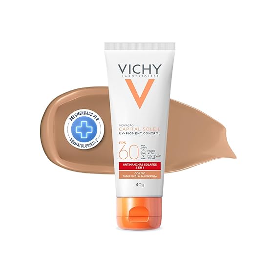 Vichy, Pigment Control, Protetor Solar Facial anti manchas com Alta cobertura, Vitamina B3, Ácido Tranexâmico, FPS60, 40g
