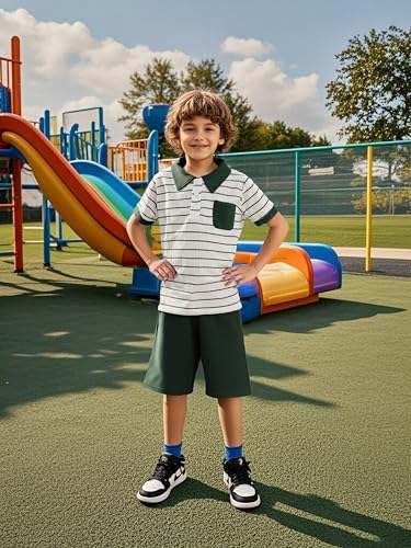 Image of Toddler Kid Boy Clothes Textured Striped Polo Collar Top Summer Shorts 2PC Summer Outfit Set