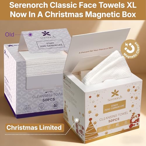 Image of Christmas Disposable Face Towels XL, 50 Count | Ultra Soft Makeup Remover Dry Wipes for Sensitive Skin, Magnetic Gift Box, Stocking Stuffers for Women