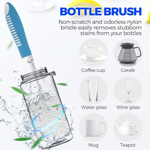 Image of Holikme 6 Pack Dish Brush Set with Bottle Brush, Dish Scrub Brush, Pan Brush and 3 Straw Brushes, Deep Cleaning Handle Brush with Scraper Tip for Kitchen Sink Dishes Bottle Cup Pot and Pans (Azul)