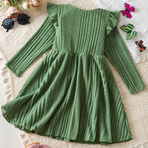Girls Christmas Dress Long Sleeve Princess Vintage Knit Sweater Dresses Ruffle Swing Holiday (Green, 5 Years)4