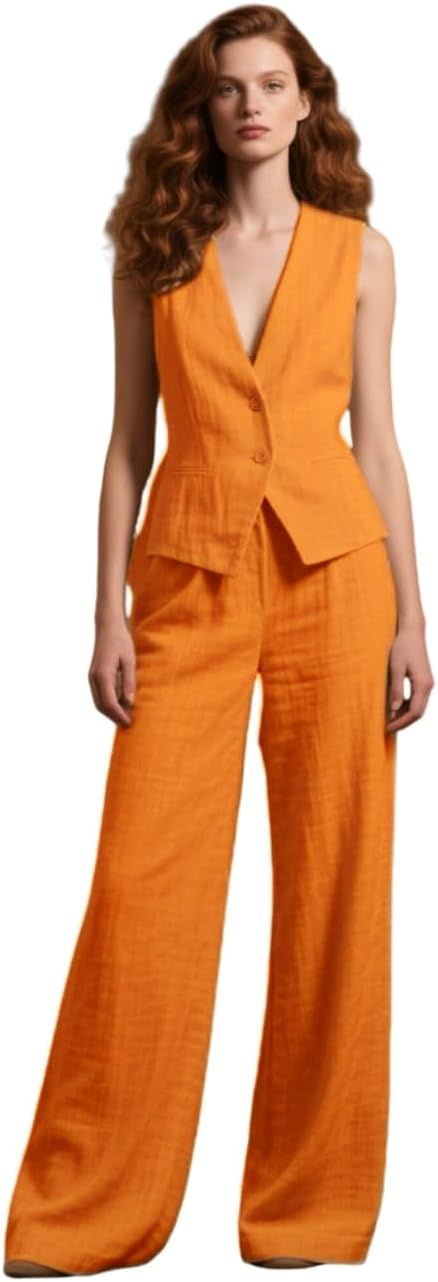 Womens Linen Suit Summer 2 Piece Outfits Casual Vest and Wide Pants Set