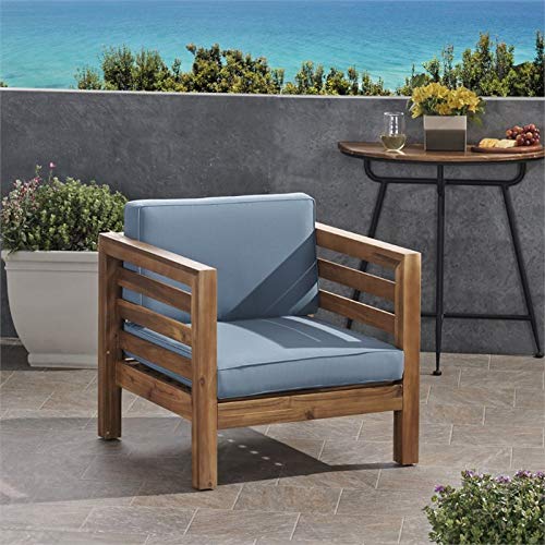 Great Deal Furniture Louise Outdoor Acacia Wood Club Chair With Cushion, Teak Finish And Blue #TOP1