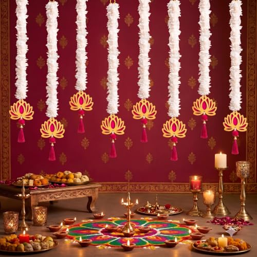 Image of JH Gallery Golden Floral Lotus for Ganpati Decoration Items for Home - Handmade Ganesh Chaturthi Backdrop Decoration, Mandir & Balcony Hanging (24 Inch, Pack of 8)