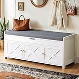 Amada Shoe Storage Bench, Entryway Bench with Cushioned Seat & Lift Top Storage, 3 Doors, Adjustable Shelf, 300 lbs Capacity, Bench with Shoe Rack for Entryway, Bedroom, Living Room, White