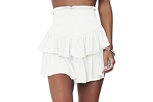 Women's Trendy White Smocked Waistline Ruffle Mini Skirt with Shorts Underneath