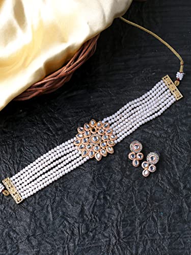Image of Yellow Chimes Kundan Jewellery Set for Women Ethnic Artificial Beads Peach Floral Traditional Choker Necklace Set for Women and Girls