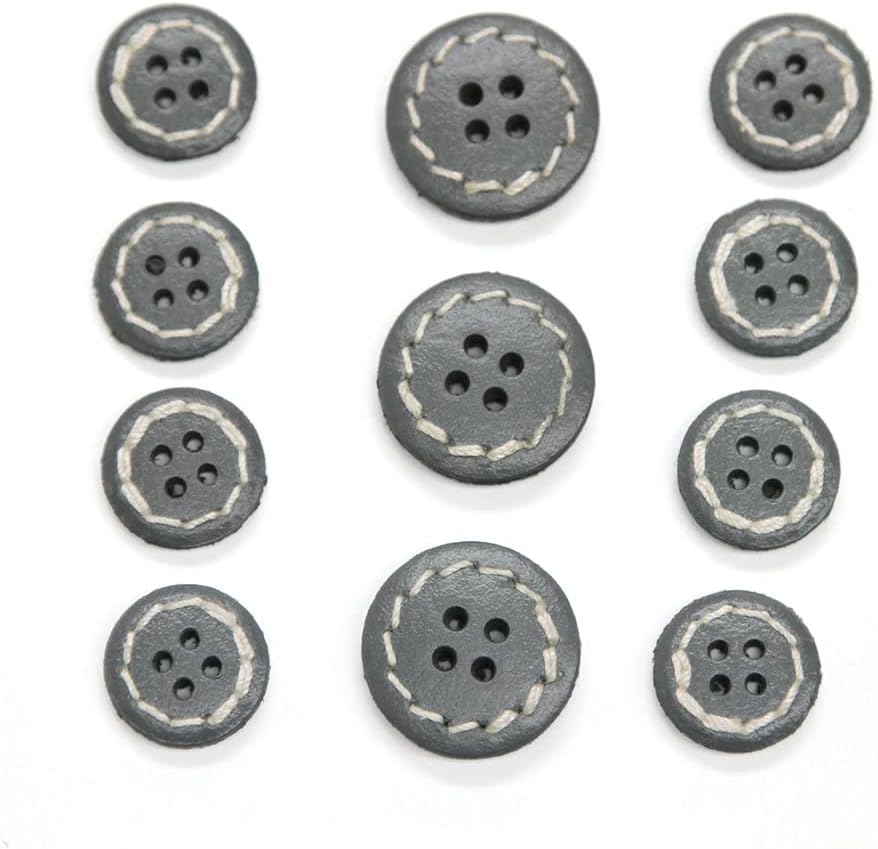 Set of 11 Stone Gray Leather 4-Hole Buttons in Two Sizes, Made in Italy