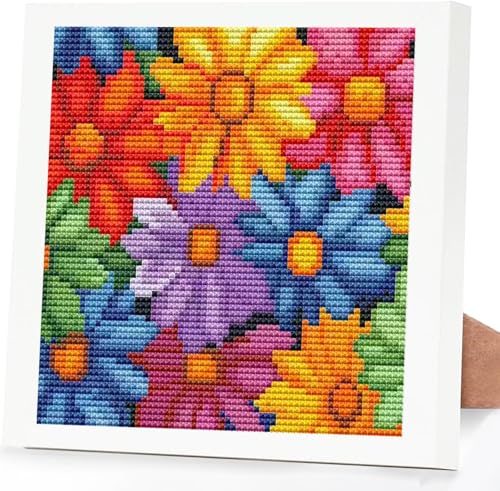 Image of Tiwabb Flower Cross Stitch Kits for Adults Beginners,Stamped Cross Stitch Kits with Framed,Embroidery Kit for Beginners,Full 11CT Cross-Stitch Arts and Crafts for Adults 7x7inch