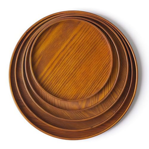 木製トレイ 丸型 木皿 サービングトレイ ナチュラル ウッドプレート 家庭用 カフェ風 食器 おしゃれ キッチン用品 業務用にも最適 (焦げた茶色,27cm)