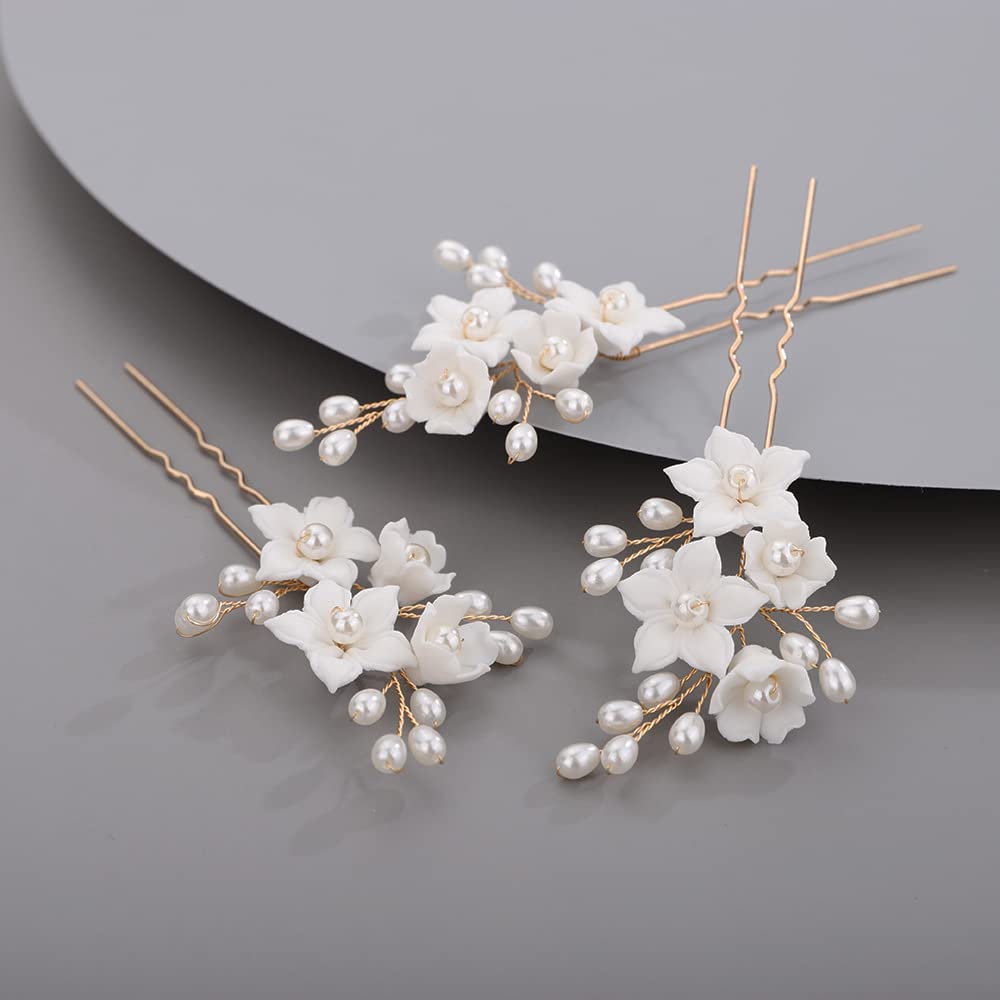 Bridal Pins in Gold with White Flowers, Beads and Pearls Pearl Flower Bridal Hair Pins, Gold Wedding Hair Accessory  main image 2