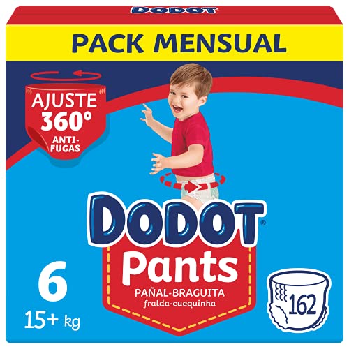 Dodot Pañales Bebé Pants Talla 6 (+15 kg), 162 Pañales, Pañal-Braguita con Ajuste 360° Anti-Fugas, Pack Mensual