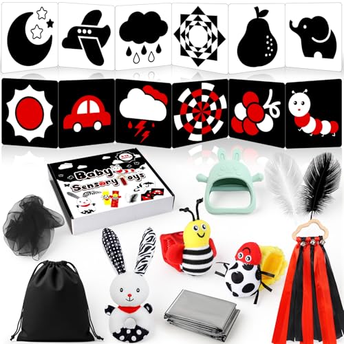 Perbabe Kontrastkarten Baby - 29 Pcs Montessori Baby Spielzeug 0-12 Monate, Greifring, Beißring und Aufbewahrungstasche Baby-Party – Ansicht 1