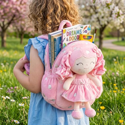 Image of Gloveleya Toddler Backpacks Baby Girl Gifts Curly Hair Plush Figures Dress Backpack - Pink Loving Heart 11''