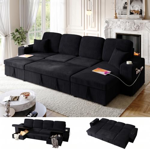 Image of Modular Sectional Sleeper Sofa Bed, 117 inch U-Shaped Sofa with Dual Storage Chaise | Reclining Backrest | Wide Armrest, Couches for Living Room, 4 in 1 Pull Out Couch Bed, Corduroy Black