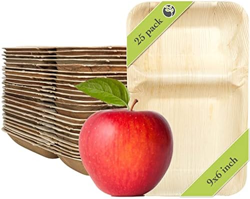 Naturally Chic Palm Leaf Plates - 9x6 Inch Rectangle 2-Compartment - Bamboo Like, Eco Friendly, Disposable, Compostable and Biodegradable Plates for Weddings, Parties and Events - 25 Pack