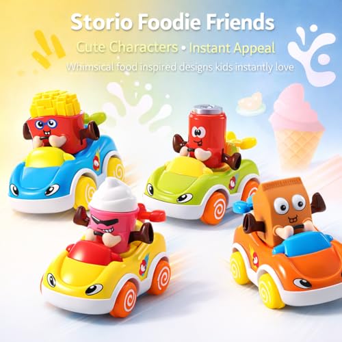 Image of Storio Pack of 4 Foodie Toy Cars | Friction Powered Push and Go Vehicles | Educational Baby Cars for 1-3 Years | Cartoon Themed Mr Chips, Mr Milk, Mr Coca, Mr Icecream