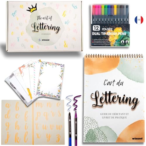 Winund Kit Lettering et Calligraphie pour Débutants et Adultes – Set Complet avec Feutres de Lettering et Cahier d’Exercices – Idée Cadeau Créative (FRANÇAIS)