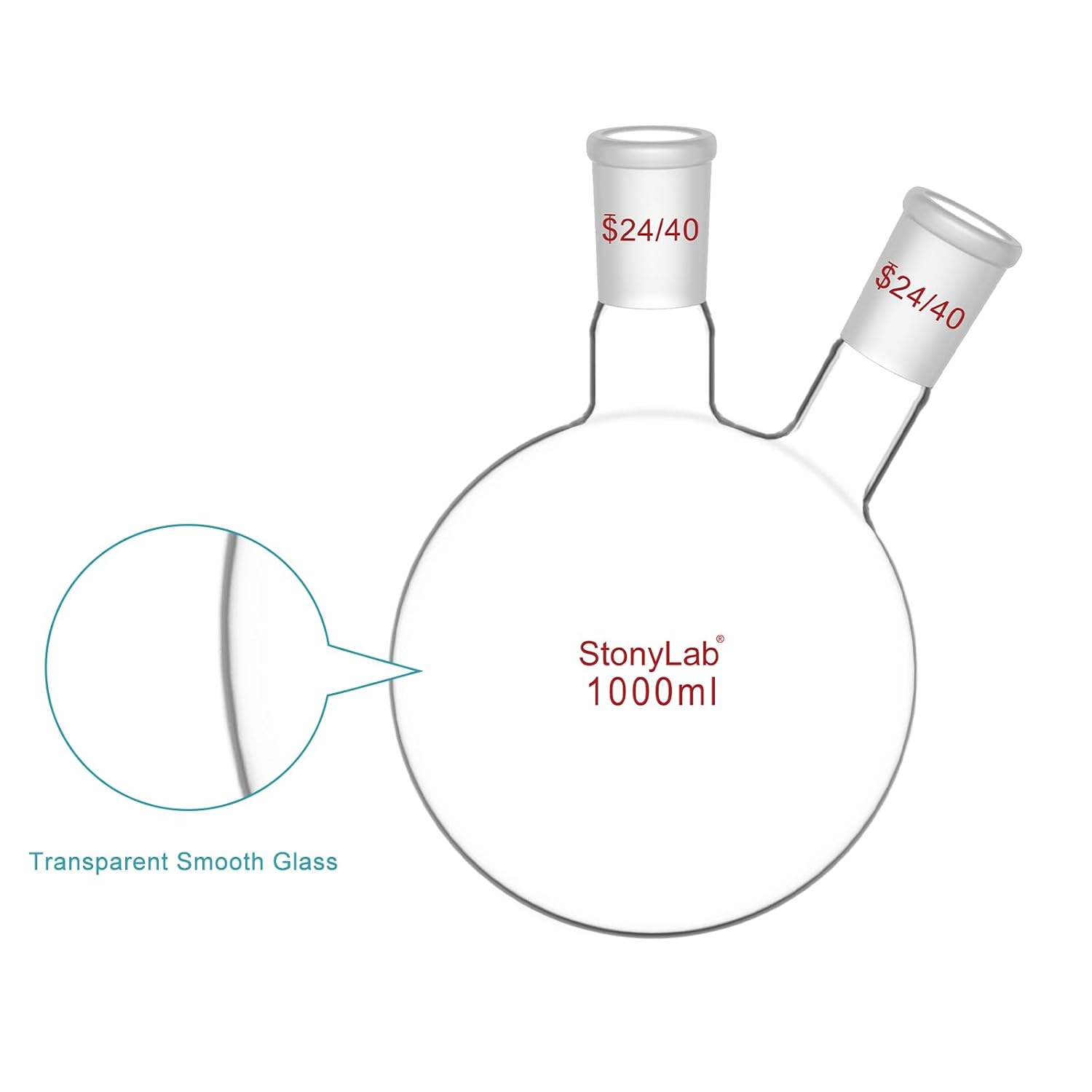 StonyLab 1000ml Glass 2 Neck Round Bottom Flask RBF, with 24/40 Center and Side Standard Taper Outer Joint - 1L (1 Liter)