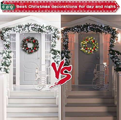 BEYAOBN 30cm Christmas Wreath Xmas Decorations Winter Pine Door Wreath Front Door Artificial Pine Garland with LED light Berries Balls Decor Christmas Window Wall Decorations
