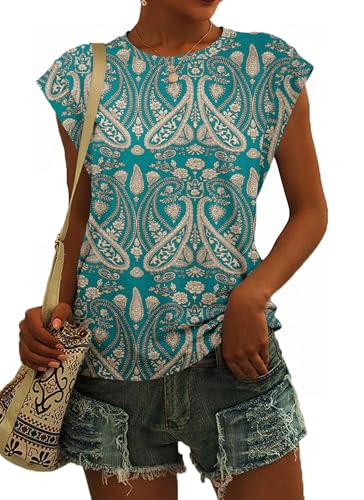 SENBATU Camiseta sin Mangas para Mujer con Cuello Redondo y Camisetas Casuales de Verano para Mujer Paisley Floral Boho Verde x-Large XL 46-48