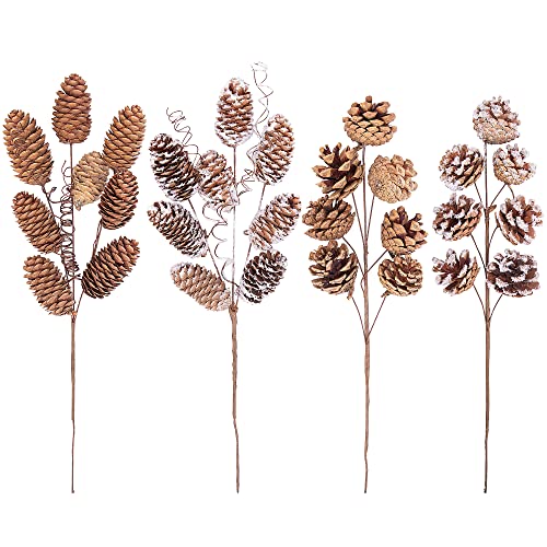 Deloky 4 PCS Large Natural Pinecone Branches Ornaments-14 Inch Spray Pinecones Picks Stmes-Pine Cones for Crafts Flower Arrangement Fall Thanksgiving Christmas Decor