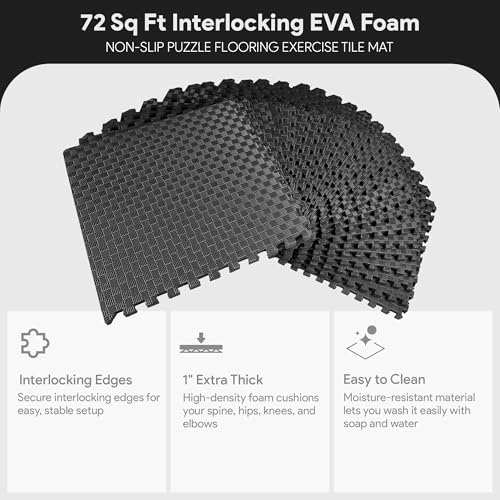 Image of BalanceFrom 1 inch Extra Thick Puzzle Exercise Mat with EVA Foam Interlocking Tiles for MMA, Exercise, Gymnastics and Home Gym Protective Flooring, 72 Square Feet (Black) | Tiles for Home Gym, Mat for Home Workout Equipment, Floor Padding for Kids, Black, 24 in x 24 in x 1 in, 72 Sq Ft - 18 Tiles