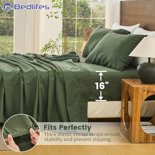 Image of Bedlifes 100% French Linen Queen Bed Sheet Set - 16 inch Deep Pocket, 4-Piece | Soft & Durable, Breathable & Cooling, Pure Flax Linen, OEKO-TEX Certified, Moisture-Wicking, Easy Care, Machine Washable