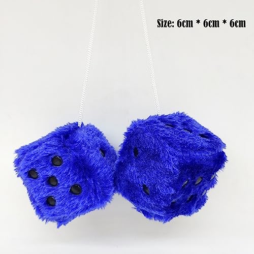 Image of 2.36'' Retro Fuzzy Plush Dice Car Charm Square Plush Dice Rear View Mirror Hanging Ornament, Royal Blue