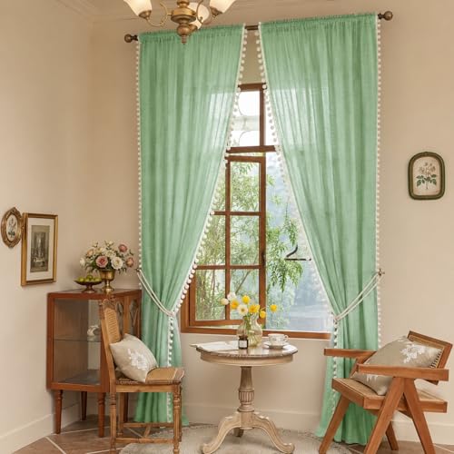 Image of THE LINEN COMPANY Window Curtains Sheer Cotton Curtains with Pom Pom Lace Rod Pocket Light Filtering Transparent Net Curtains for Window Curtains Door Curtains Living Room Ocean Green 4 Ft Pack of 2