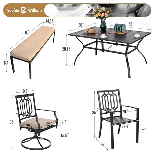 Image of Sophia & William Patio Dining Set 6 Pieces, Swivel Patio Dining Chairs, Fixed Chairs and Bench, Large 60 inch Metal Dining Table, for Lawn Support 300lbs